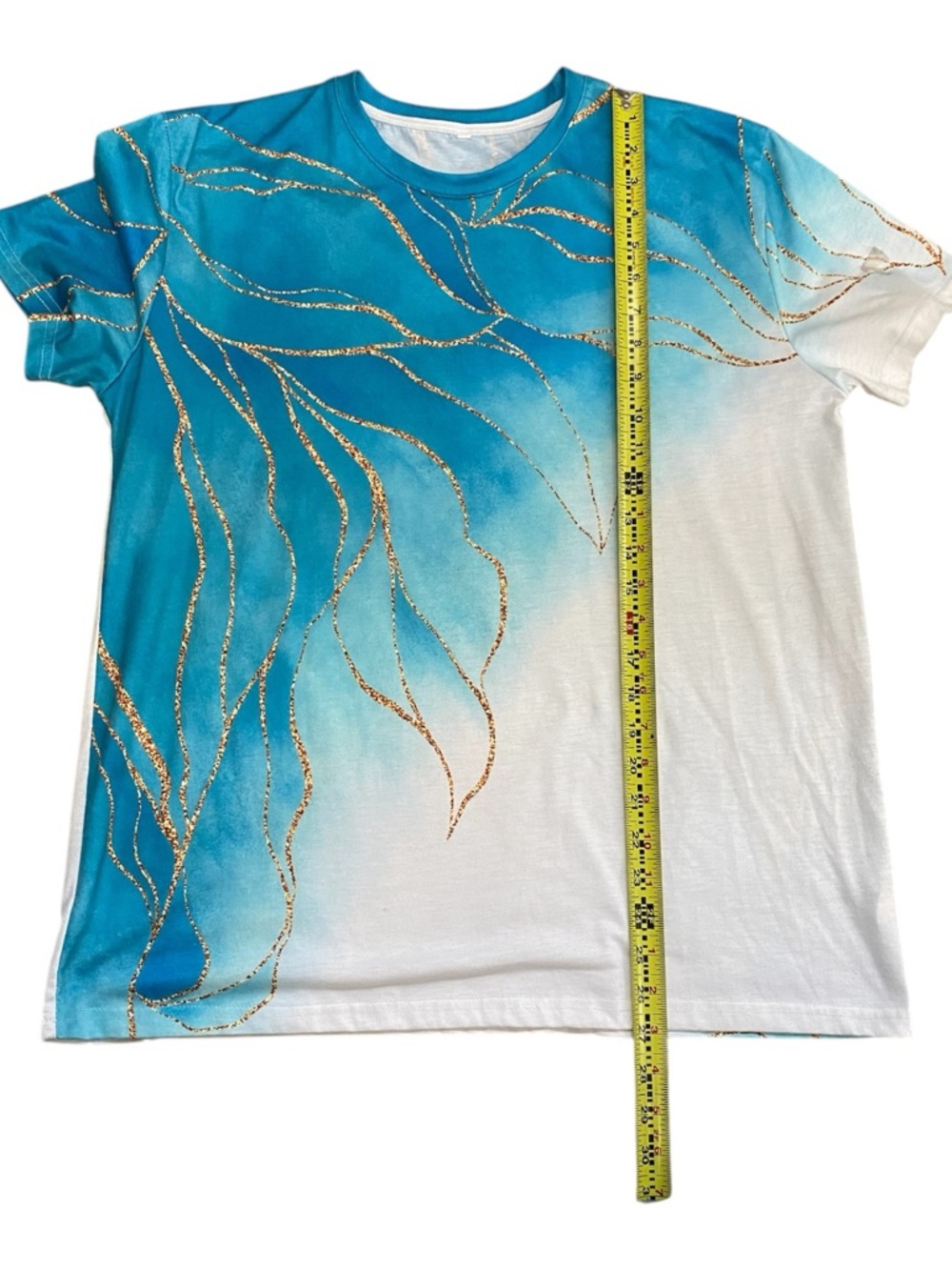 NEW Gradient Teal Green Blue & White Short Sleeve Top Gold with Marbled Accent - Picture 8 of 10